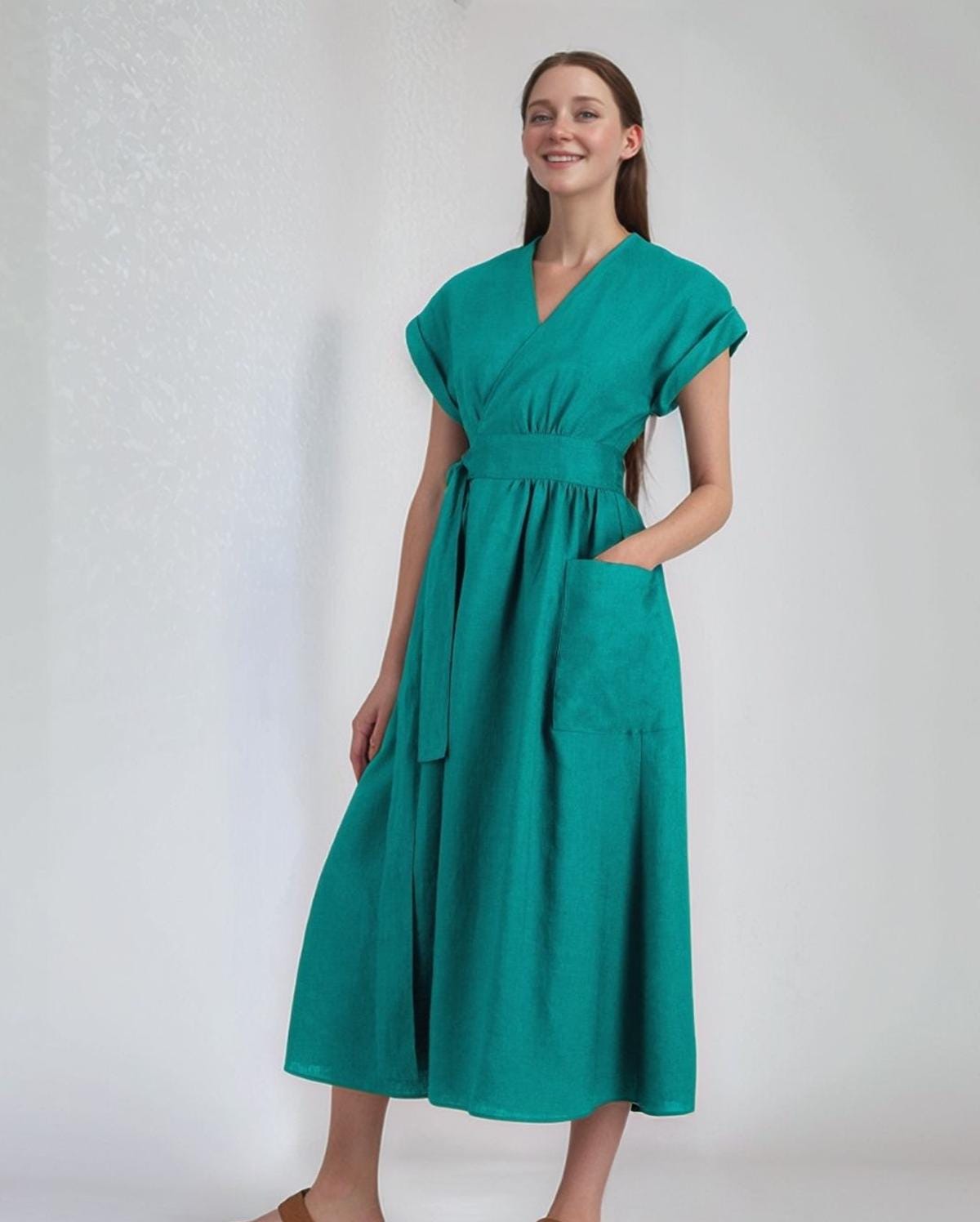 Emerald Green Linen Wrap Dress Kimono Style Summer Dress with Pockets, Adjustable Tie Waist, Handmade Casual Dress | SKU.25T15T3C