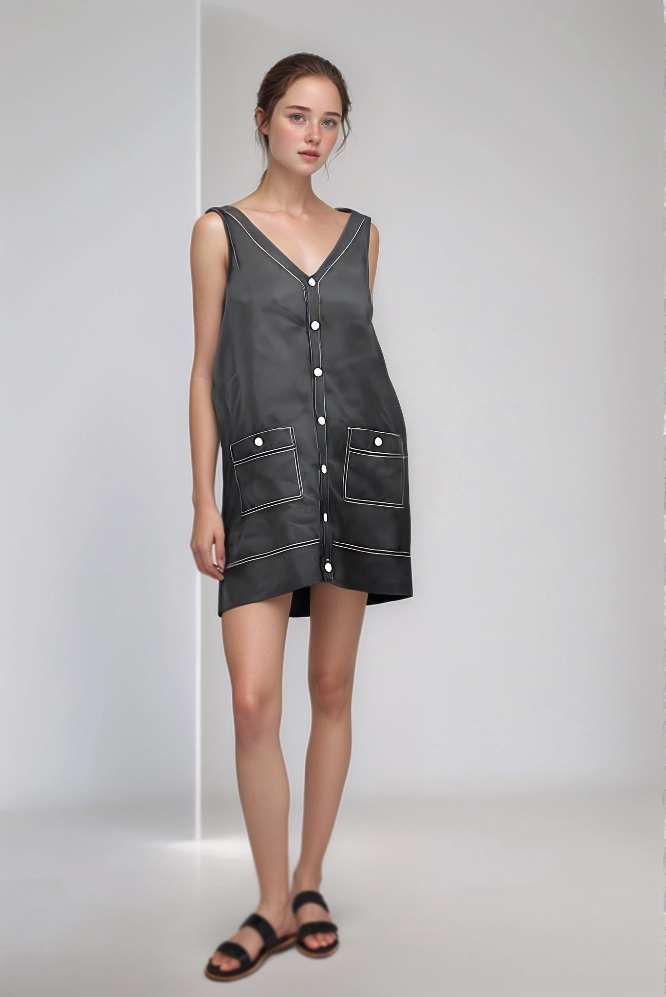 Black Linen Button Down Mini Dress - Sleeveless V-Neck Dress with Pockets, Casual Summer Dress | SKU.25T11T2B