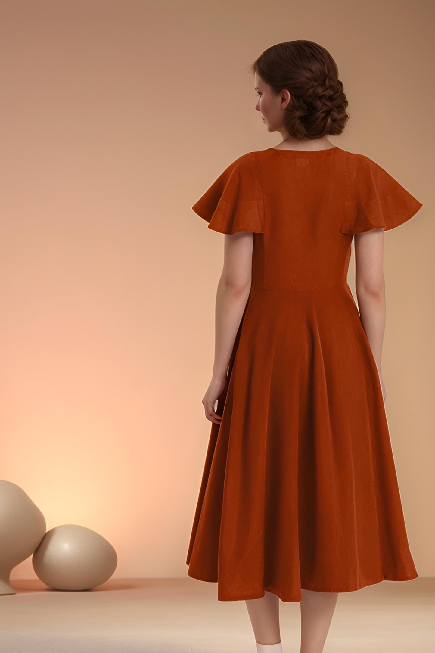 Rust Linen Midi Dress with Flutter Sleeves – Button Front Summer Dress for Women | SKU.25T10T2A