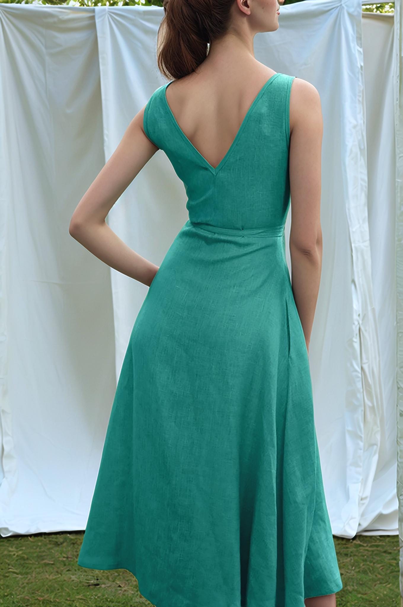 Elegant Linen Wrap Dress for Women – Sleeveless A-Line Midi Dress with Pockets for Summer & Vacation Style | SKU.25T11T4A