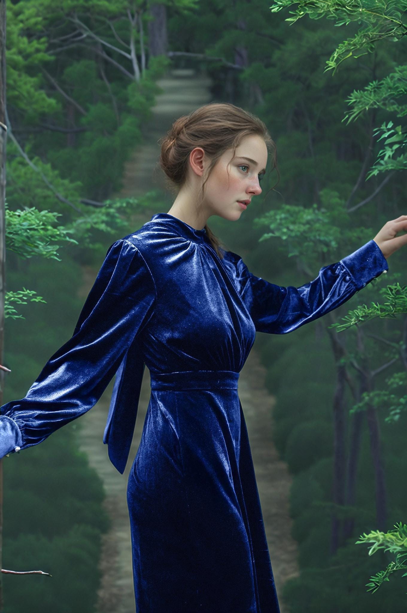 Royal Blue Velvet Long Dress with Sleeves and Back Tie – Elegant Full-Length Evening Gown | SKU.24T17T5A