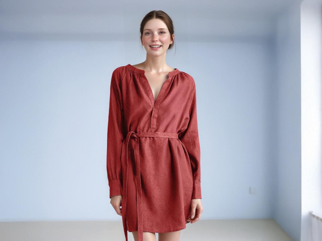 Rust Linen Long Sleeve Mini Dress - Boho V-Neck Tunic Dress with Belt, Casual Fall Dress | SKU.25T11T2C