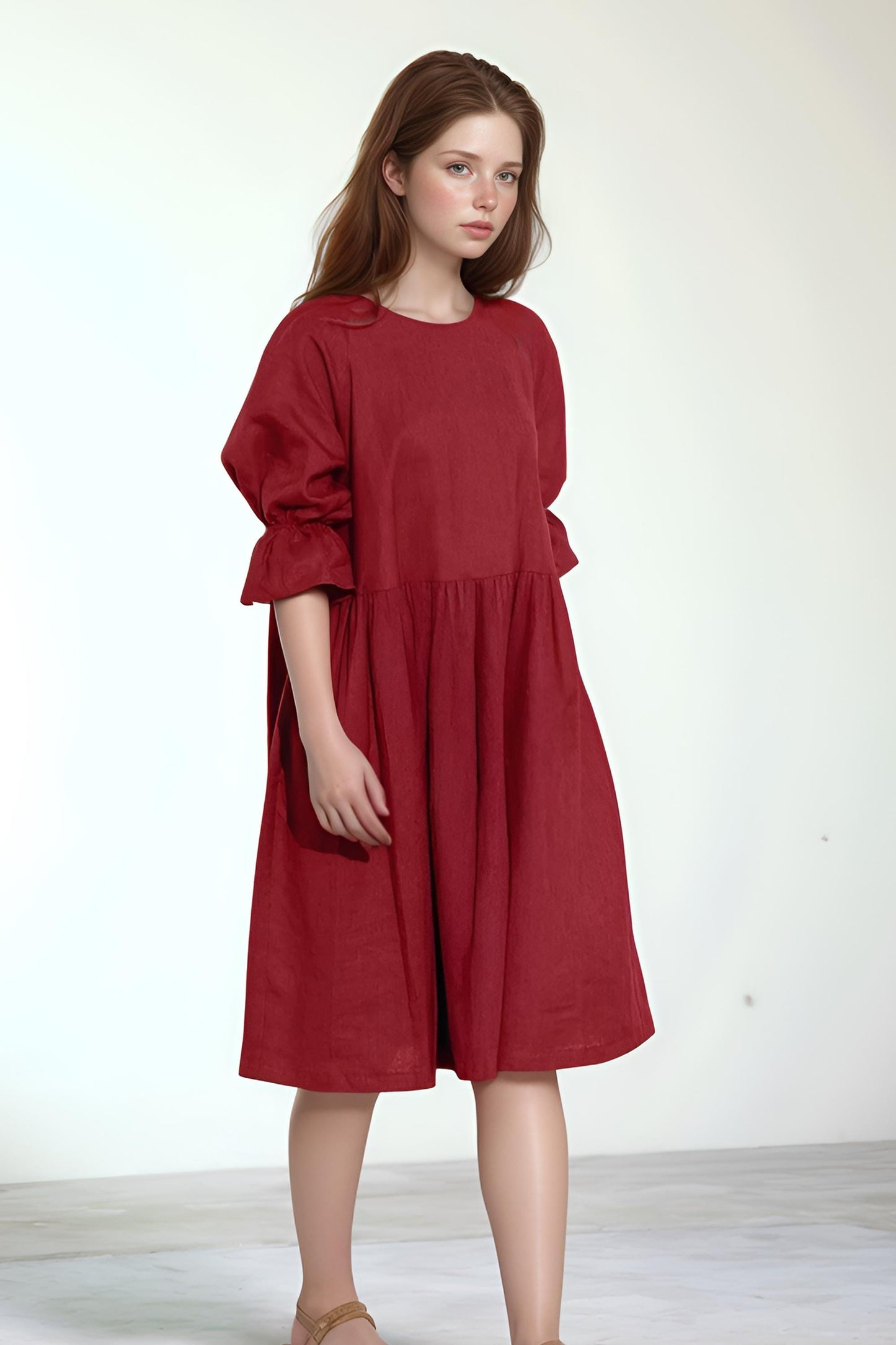 Rust Red Linen Dress – Loose Fit Midi Dress, Long Sleeve Casual Dress, Boho Chic Summer Dress | SKU.25T09T7B