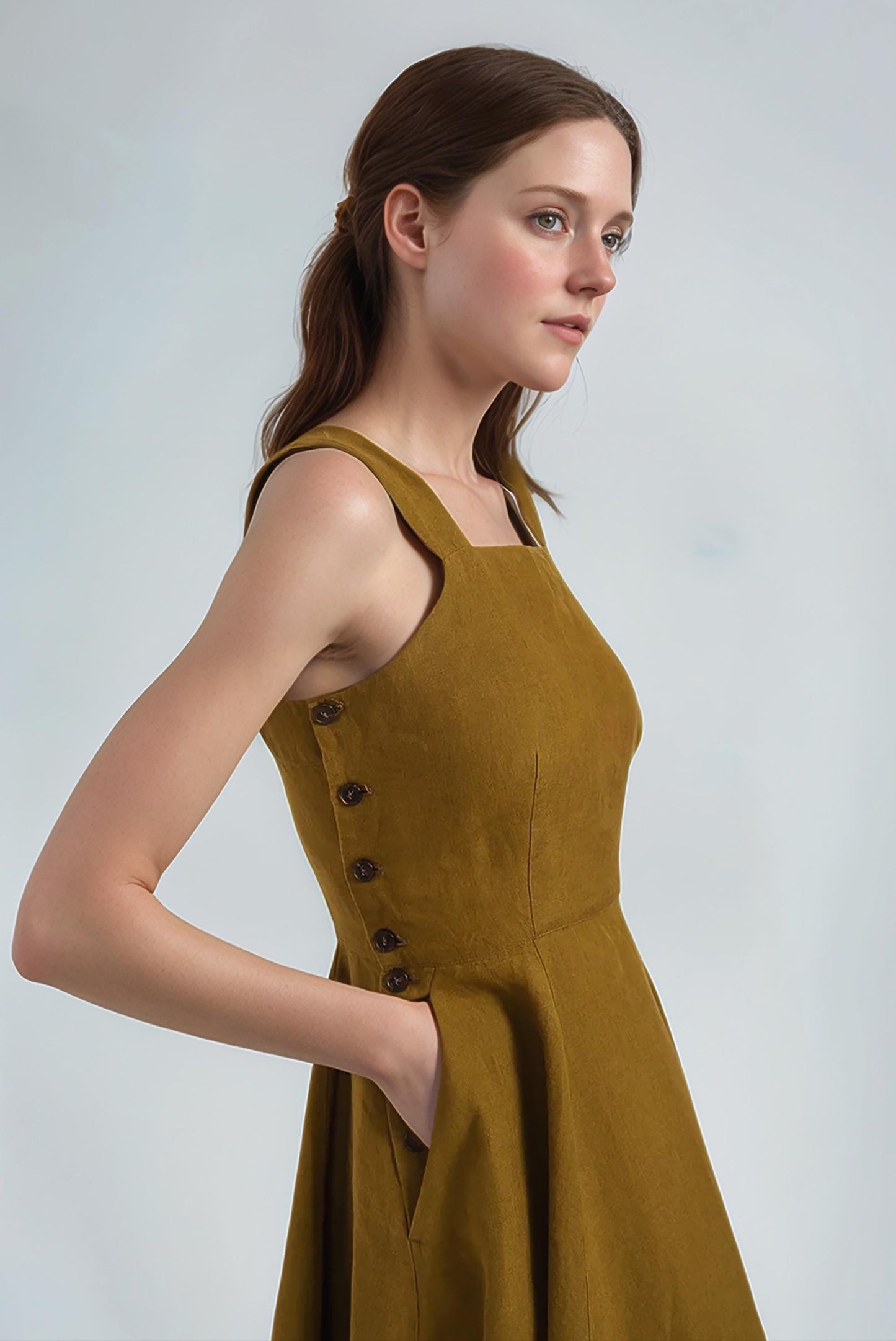 Linen Pinafore Dress – Square Neck Sleeveless Midi Dress with Side Button Detail | SKU.25T11T5K