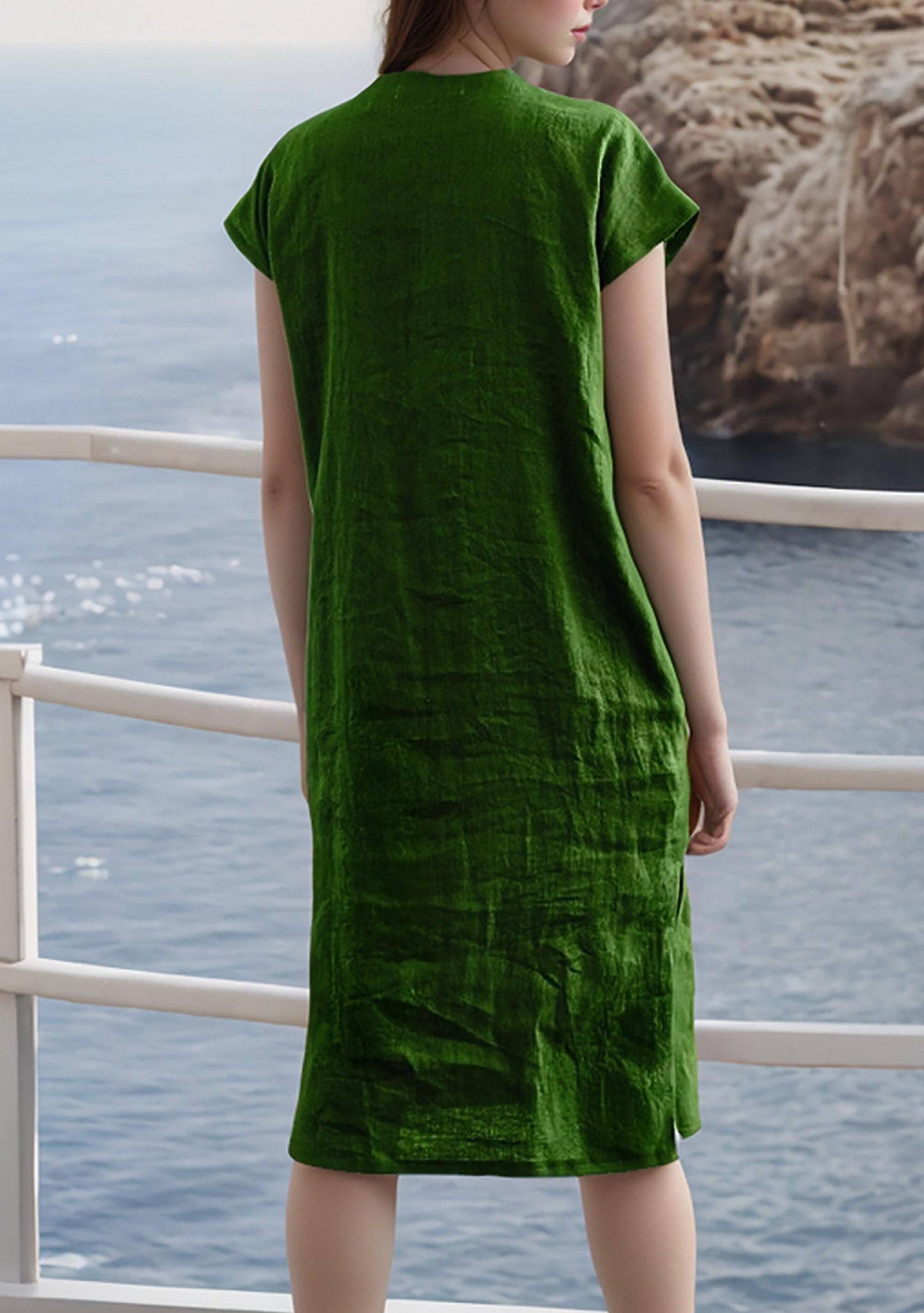 Custom V-Neck Linen Blend Shift Dress - Relaxed Summer Style with Pockets and Side Slit | SKU.25T14T3N