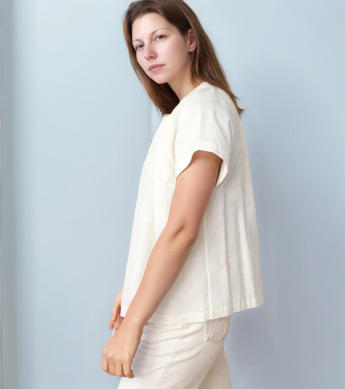Linen Summer Blouse for Women - Short Sleeve Button Down, Lightweight Loose Fit Shirt, Minimalist Casual Top | SKU.25T22T4K