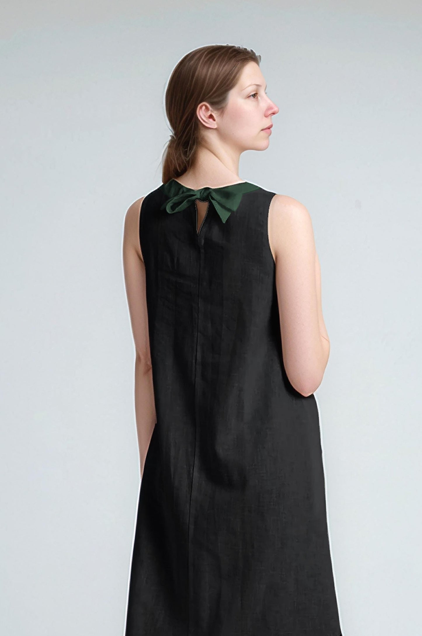 Black Linen Sleeveless Dress – High Low Hem A-Line Dress with Green Trim | SKU.25T11T3E