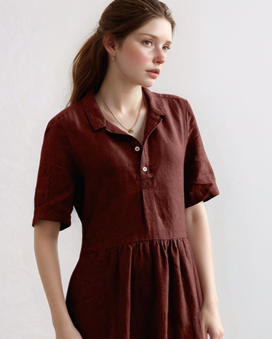 Linen Polo Midi Dress - Short Sleeve, Button Front, Relaxed Fit, Summer Casual, Pockets, Custom Sizing | SKU.25T15T4G