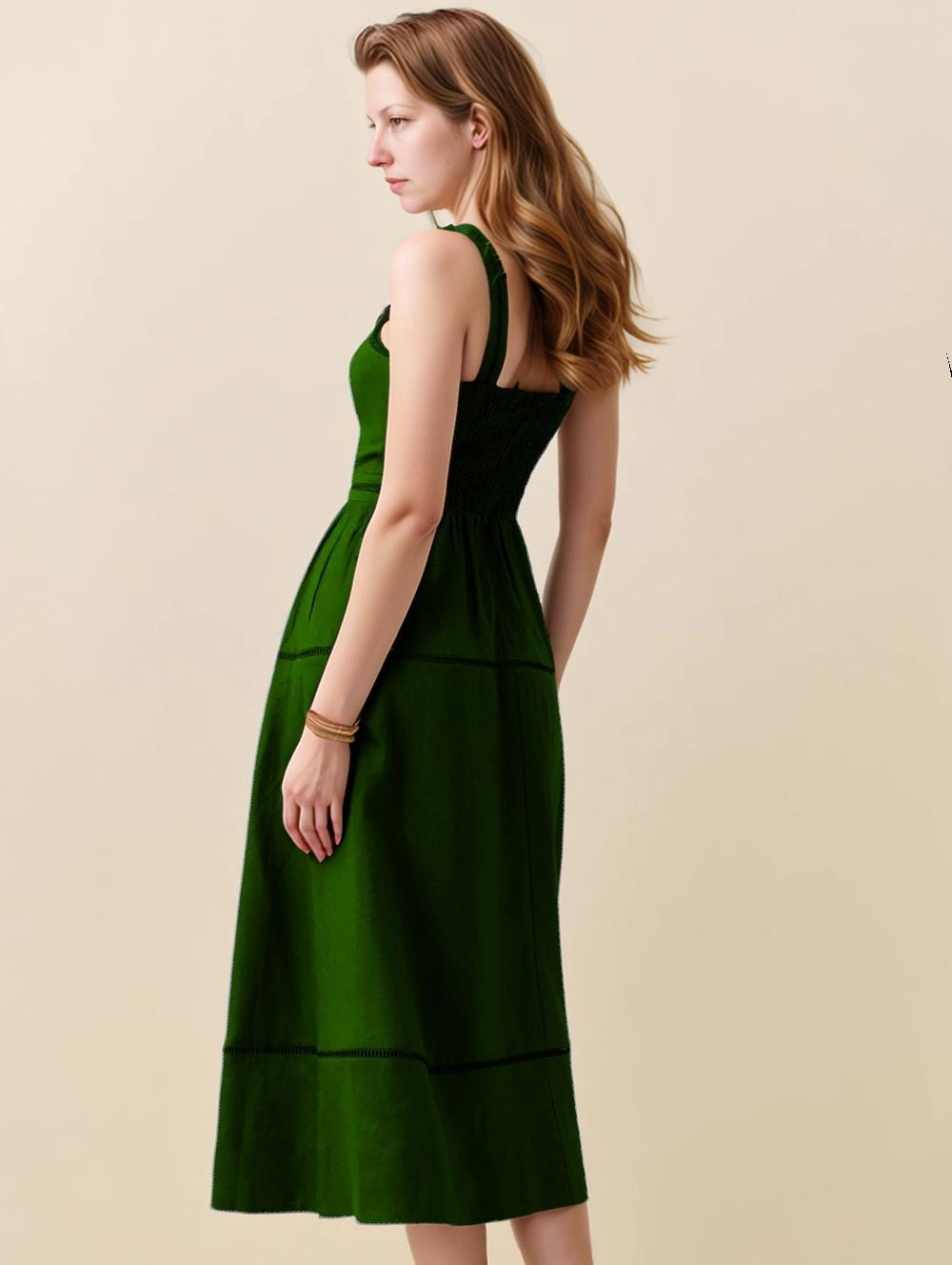 Green Linen Midi Dress with Square Neckline, Straps, and Tiered Skirt — Summer Sundress, Customizable Fit | SKU.25T15T3U