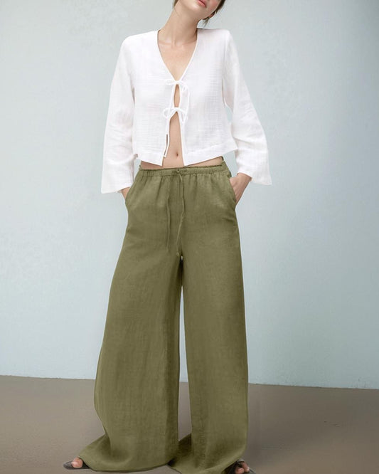 Wide Leg Linen Palazzo Pants | High Waist Linen Trousers | Loose Fit Summer Pants | Drawstring Linen Pants with Pockets | SKU.25T11T8A