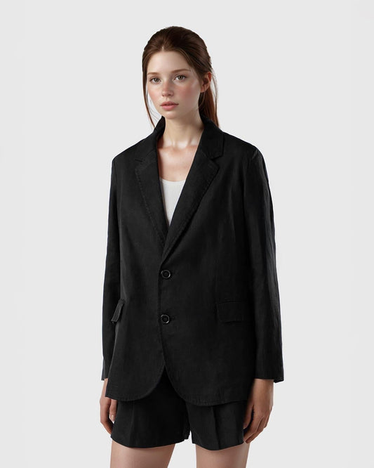 Linen Blazer for Women - Black Oversized Summer Jacket, Lightweight Minimalist Tailored Coat | SKU.25T22T5C