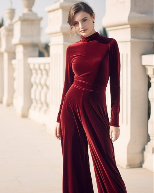 Chic Women's Wide Leg Velvet Jumpsuit | Long Sleeves & Belt | Stylish Wrap Romper | Plus Size - Velvet Wide Leg Jumpsuit | Velvet Turtleneck