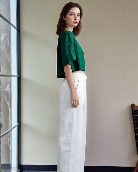 Emerald Green Linen Crop Top – Wide Sleeve Blouse, Lightweight Summer Shirt, Custom Size & Color | SKU.25T15T5Z