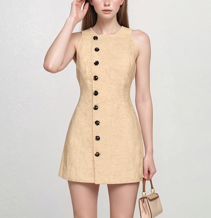 Asymmetric Button Linen Mini Dress – Custom Fit, Sleeveless, Beige Elastic Linen, Summer Outfit | SKU.25T15T5K