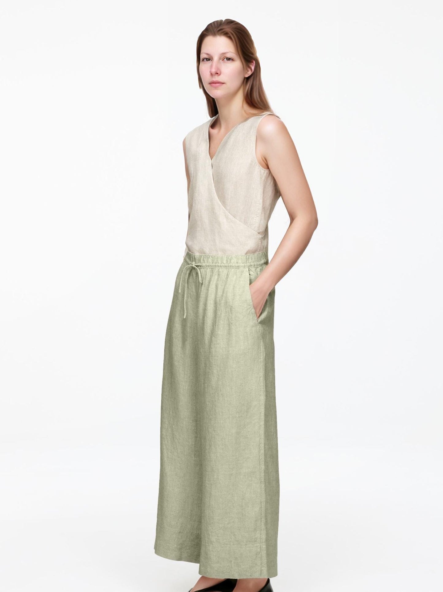 Linen Cropped Wide Leg Pants - Relaxed Fit, Elastic Waist, Drawstring, Lightweight, Casual Summer Trousers with Pockets| SKU.25T22T5Q