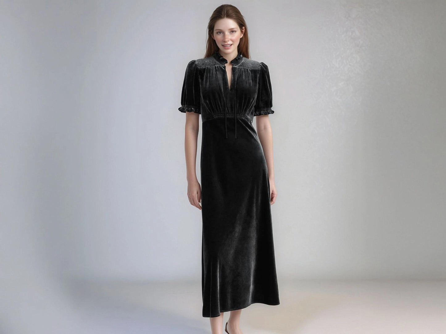 Black Velvet Midi Dress – Bias Cut Vintage-Inspired Dress with Puff Sleeves and Tie Neck | SKU.24T17T5F
