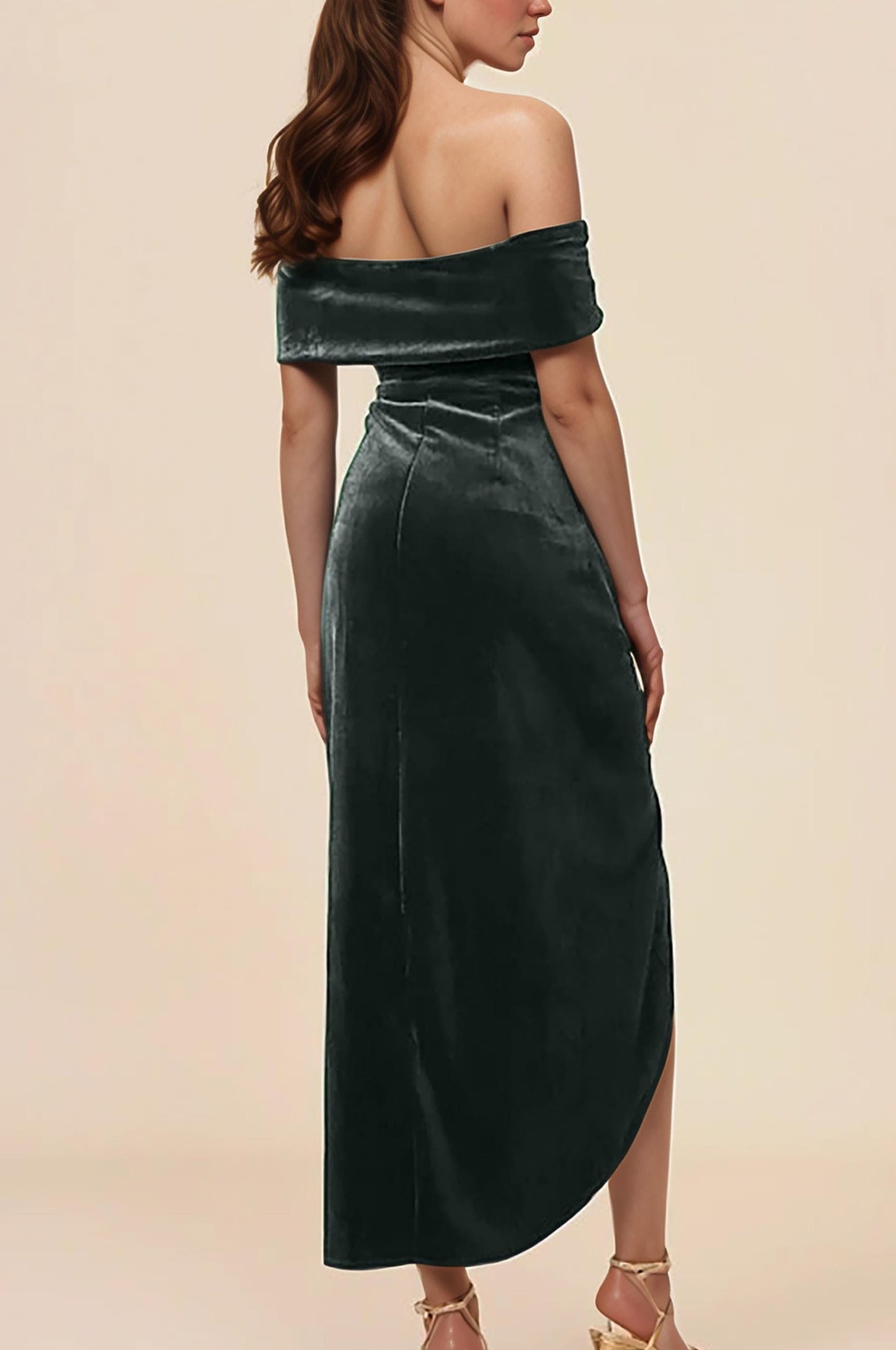 Emerald Green Velvet Off Shoulder Midi Dress – Elegant Slit Cocktail Gown | SKU.24T17T5K
