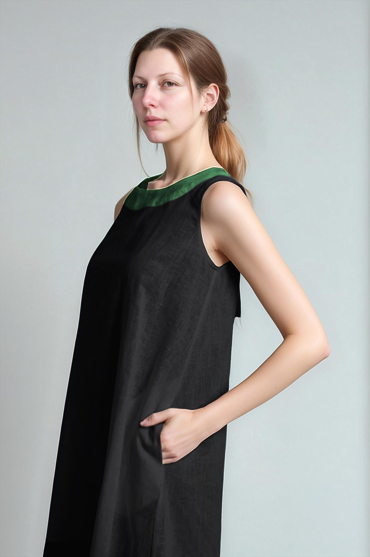 Black Linen Sleeveless Dress – High Low Hem A-Line Dress with Green Trim | SKU.25T11T3E
