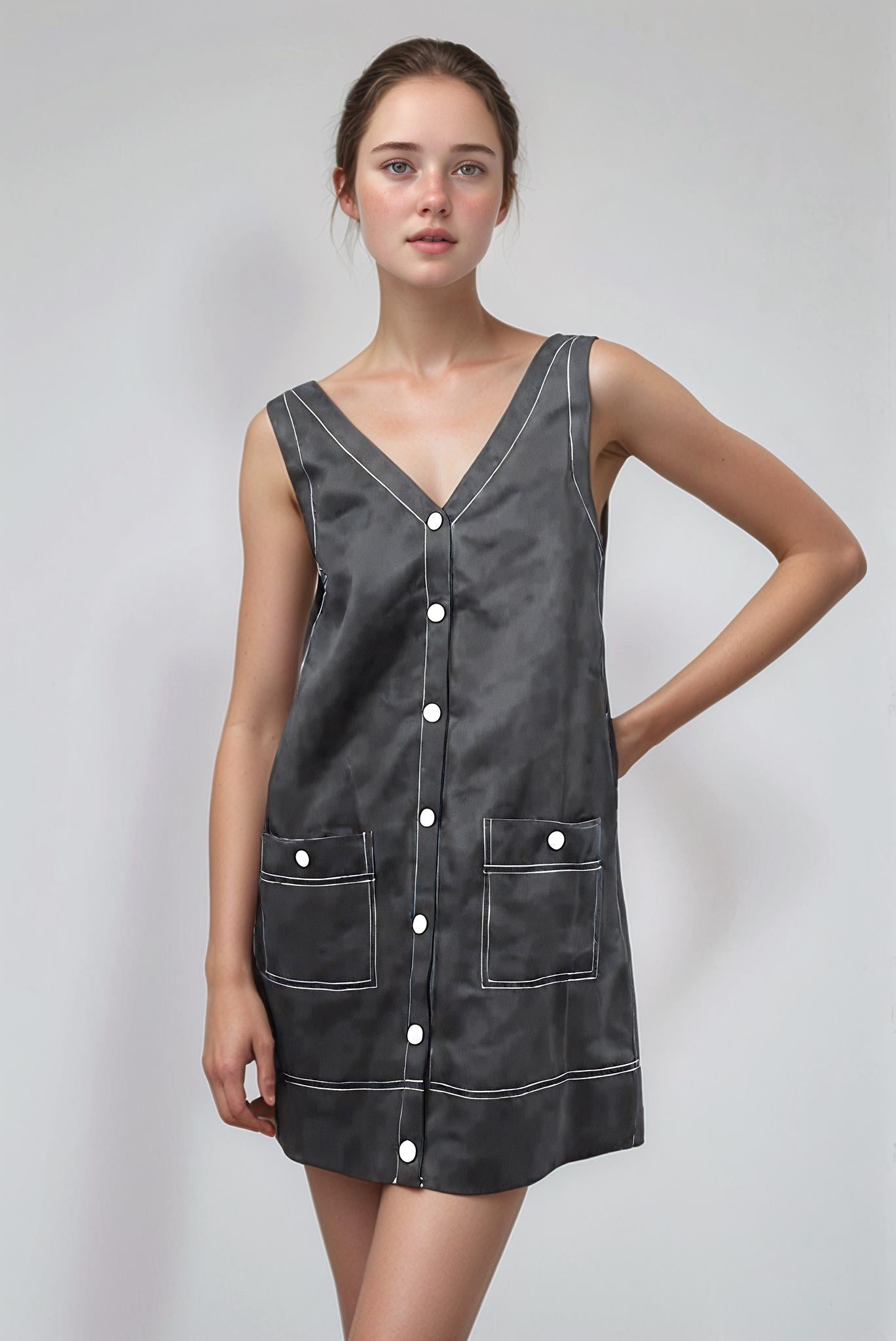 Black Linen Button Down Mini Dress - Sleeveless V-Neck Dress with Pockets, Casual Summer Dress | SKU.25T11T2B