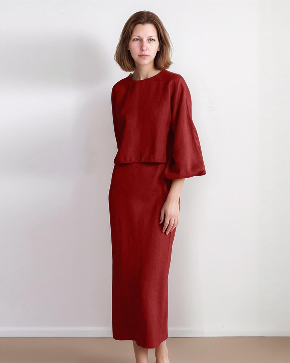 Elegant Red Linen Two-Piece Dress Set – Long Sleeve Crop Top & High Waist Midi Skirt, Minimalist Outfit for Women | SKU.25T15T5A