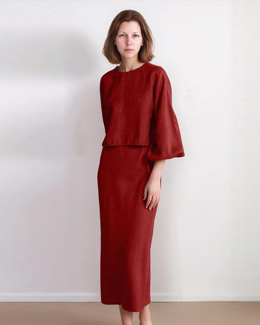 Elegant Red Linen Two-Piece Dress Set – Long Sleeve Crop Top & High Waist Midi Skirt, Minimalist Outfit for Women | SKU.25T15T5A