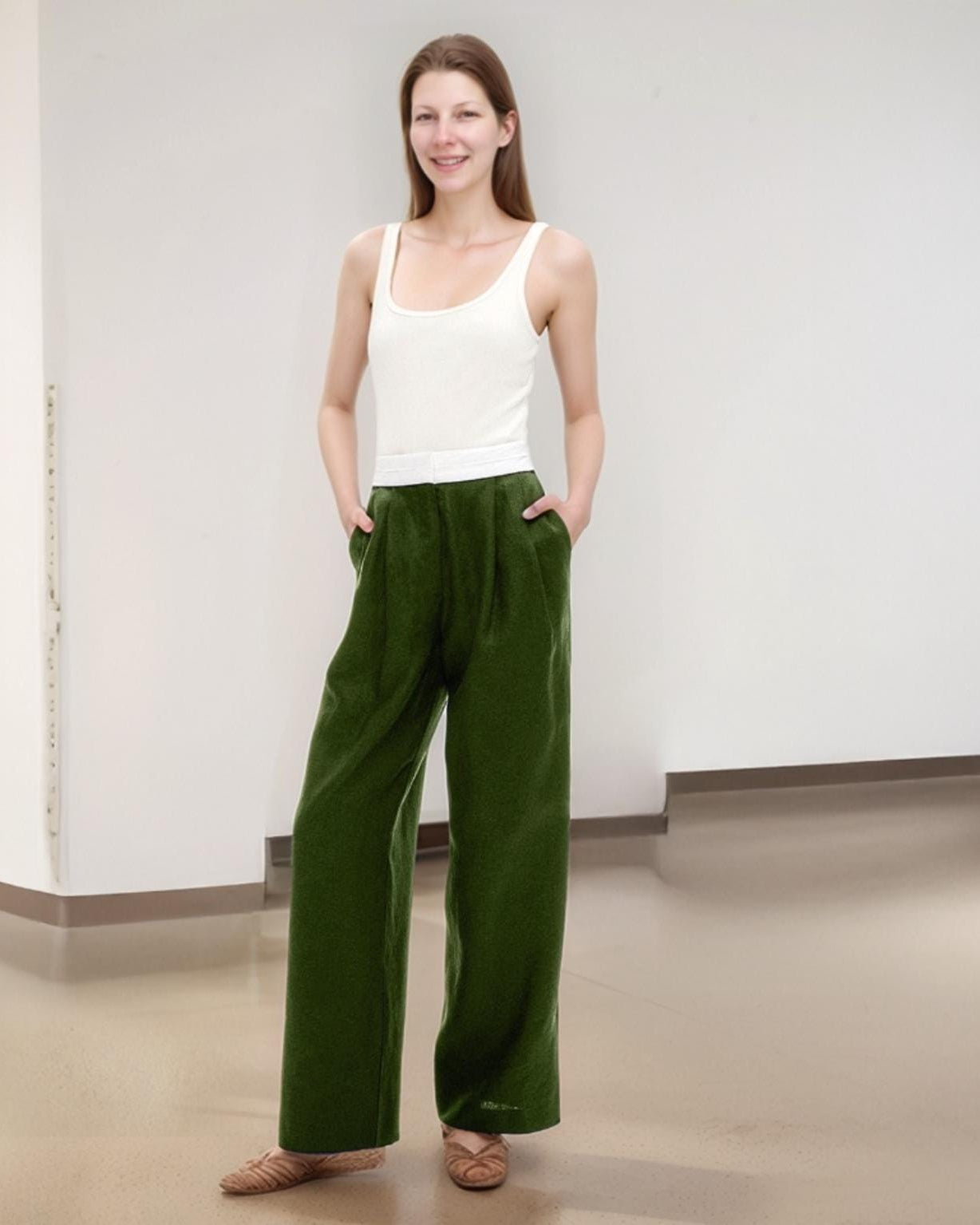 Chic High-Waisted Wide-Leg Pants – Elegant Green Trousers for Women | SKU.25T11T6G2