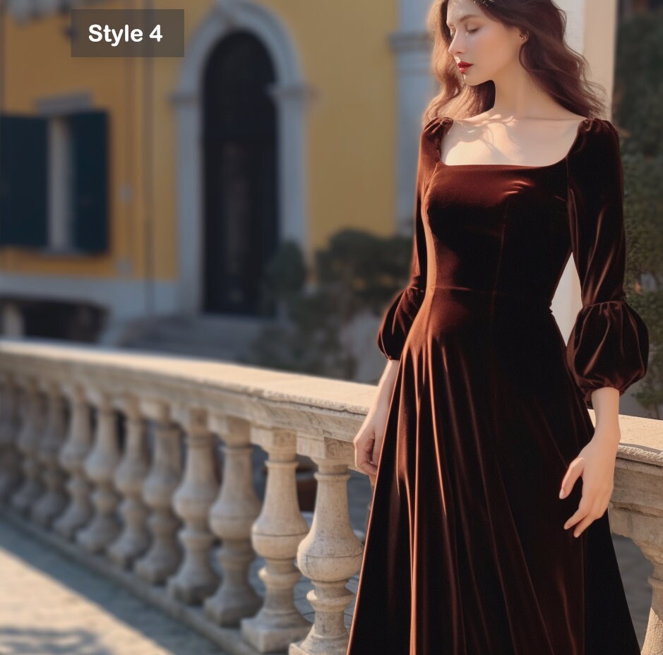 Women's Velvet Midi Dress with Puff Sleeves | Bridesmaid Dress | Spring Fall Winter Fashion | Plus Size Fit | Customizable | Personalizable