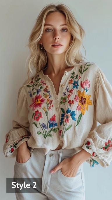 Bohemian Embroidered Linen Blouse, European Folk Floral Top, Beige Ethnic Chic Button-Up Blouse | 241026B