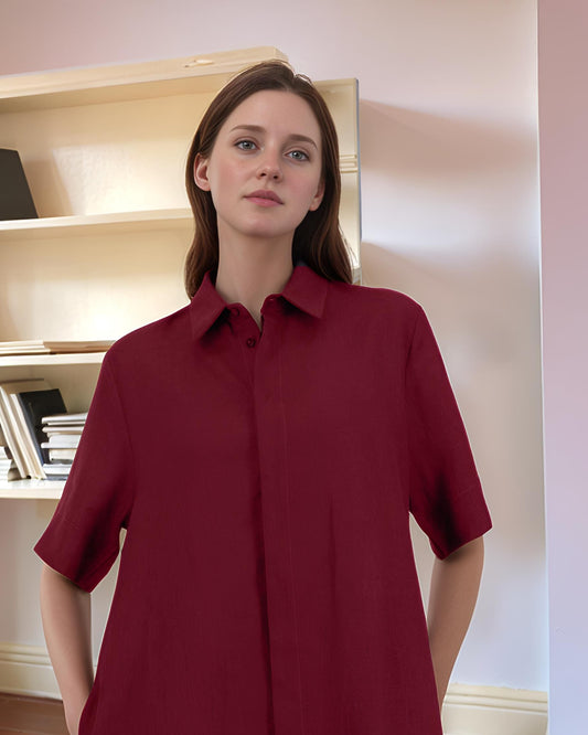Loose Fit Linen Shirt Dress - Burgundy Midi Dress with Pockets | SKU.25T09T7F
