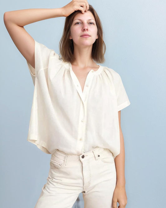 Linen Summer Blouse for Women - Short Sleeve Button Down, Lightweight Loose Fit Shirt, Minimalist Casual Top | SKU.25T22T4K