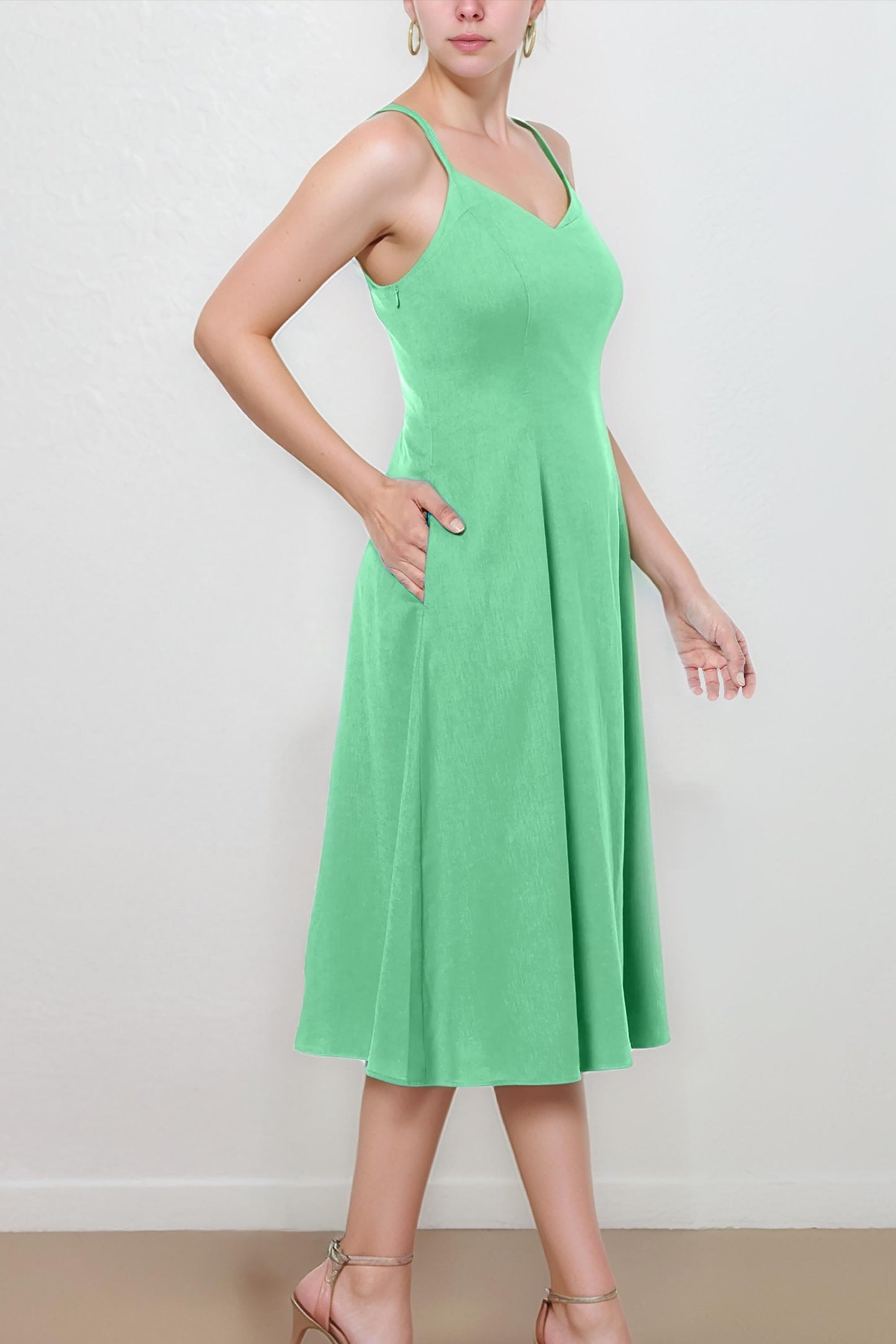 Linen Blend Thin Strap Midi Dress – Elegant Summer A-Line Dress for Women | SKU.25T11CNa