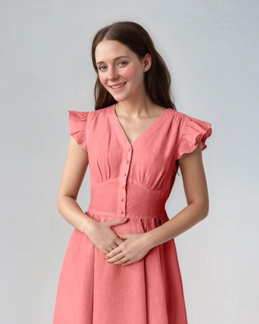 Rustic Ruffle Sleeve Linen Dress – Vintage-Inspired Summer Midi Dress with Button Front & Tie Waist | SKU.25T11T5F