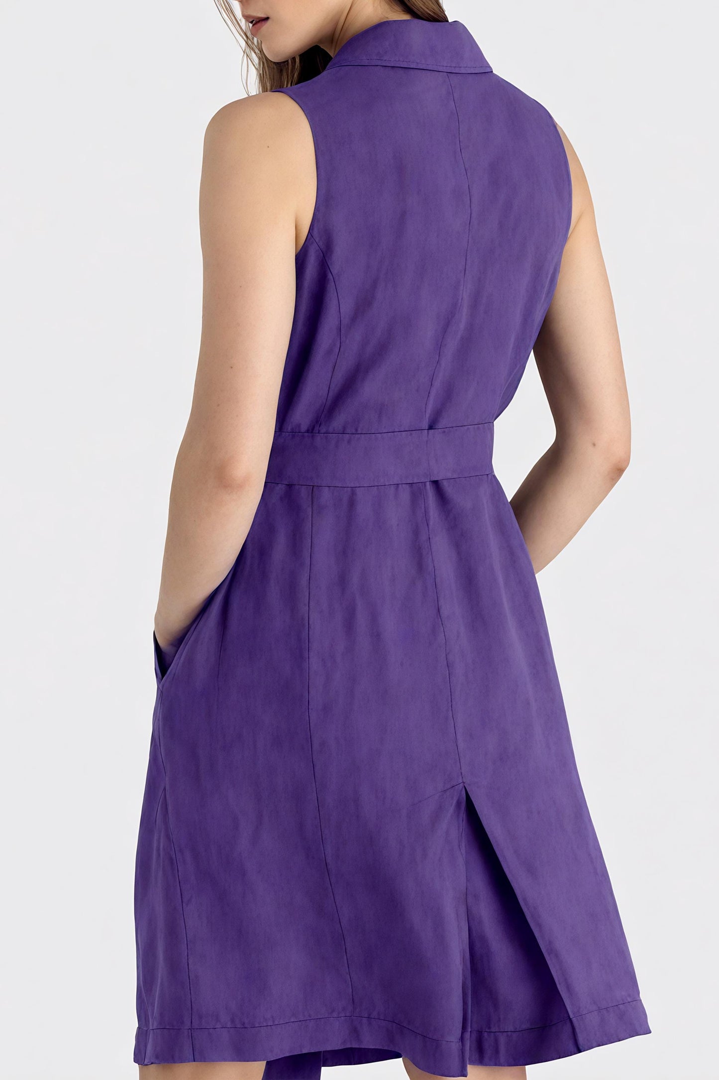 Sleeveless Purple Linen Vest Dress – Double Breasted Belted Midi Dress with Pockets for Women | SKU.25T09T6F