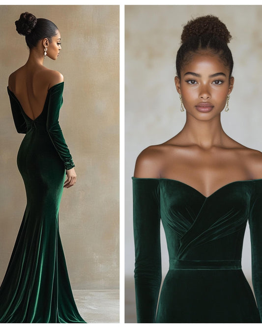 Emerald Green Velvet Evening Gown, Off-Shoulder Custom Tailored Dress, Elegant Long Sleeve Formal Dress for Special Occasions | 241112A
