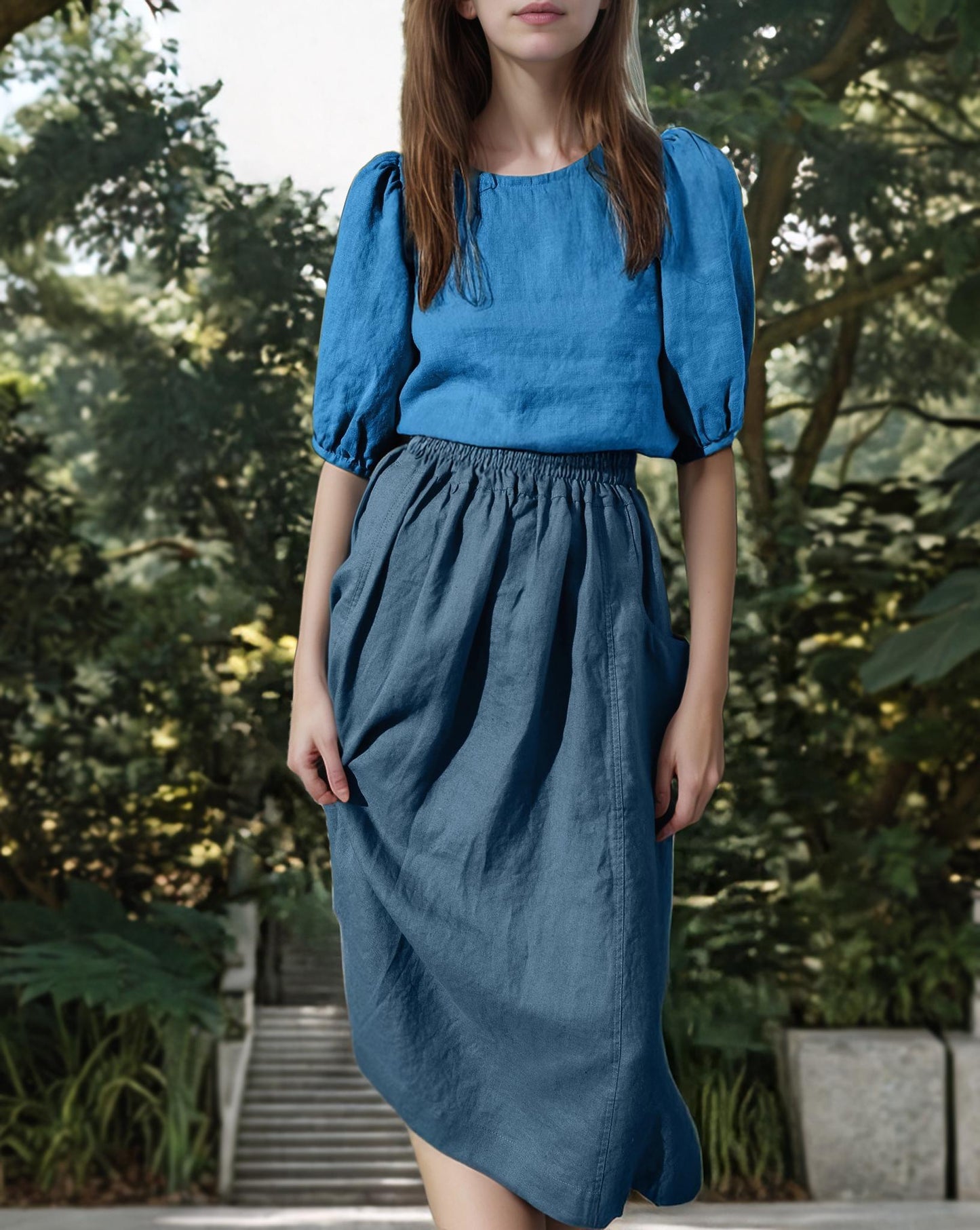 Linen Puff Sleeve Top, High Neck Blouse, Elegant A-line Fit, Button Back Detail, Summer Minimalist Shirt | SKU.25T22T3E