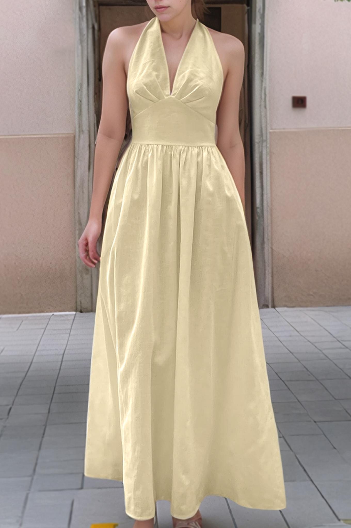 Elegant Halter Neck Maxi Dress - Soft Yellow Linen Summer Dress - Backless Beach Dress for Women | SKU.25T11T8E