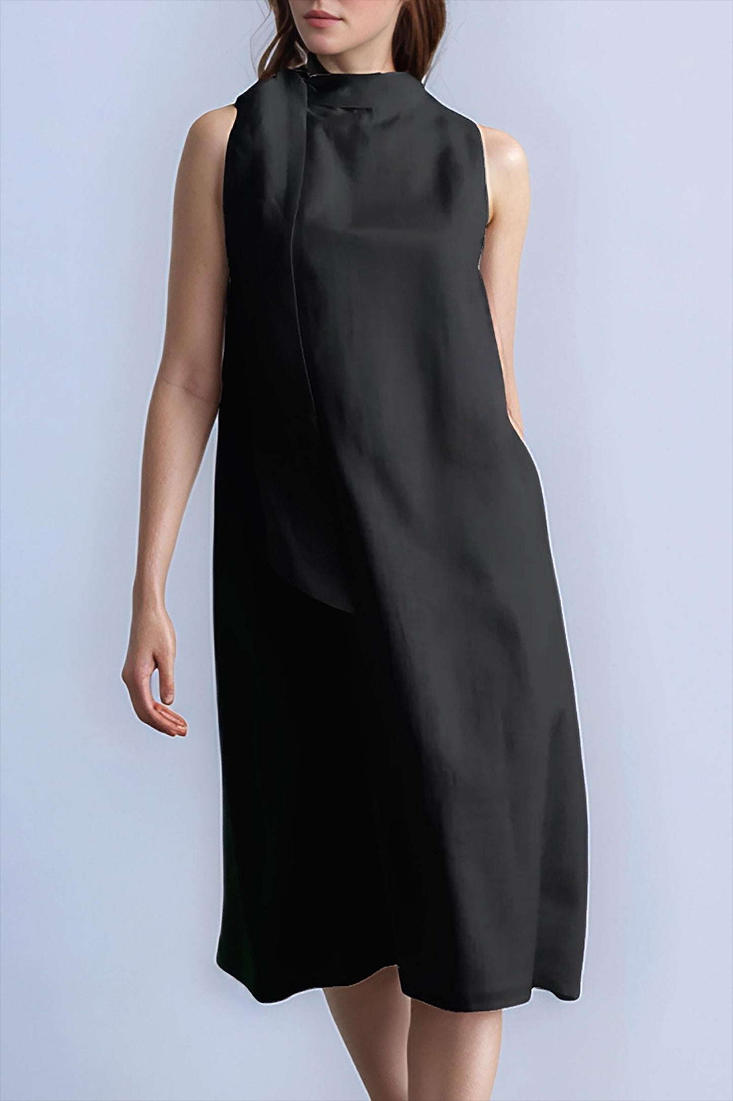 Elegant Black Sleeveless Shift Dress – Minimalist Asymmetric Neckline | SKU.25T11T3A