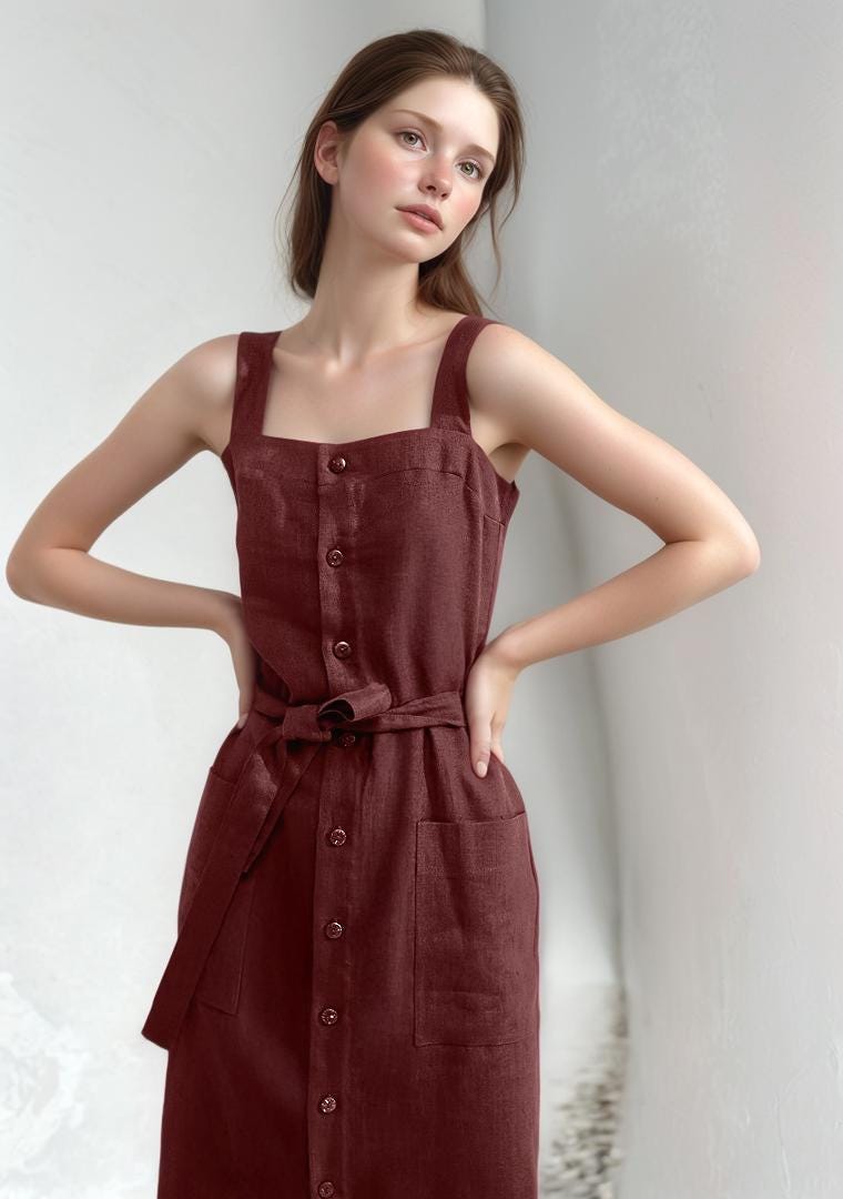 Custom Sleeveless Midi Button Dress, Square Neck Summer Dress, Belted Casual Dress with Pockets | SKU.25T14T5W