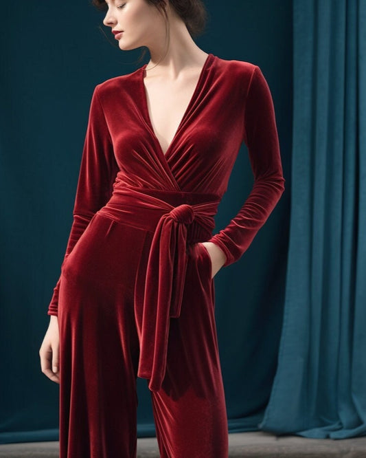 Stylish Red Velvet Wide Leg Jumpsuit | Long Sleeves, Wrap Neck, Self-Tie Belt | Chic Fall & Spring Ensemble | Customizable | Personalizable