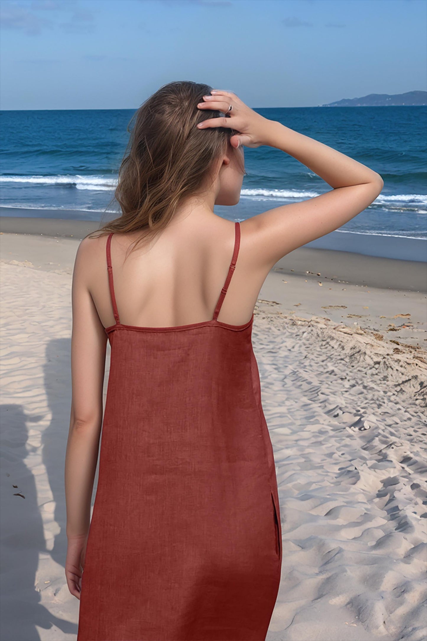 Rust Red Linen Slip Dress – Summer Spaghetti Strap Sundress – Casual Beach Dress for Women | SKU.25T11T4D