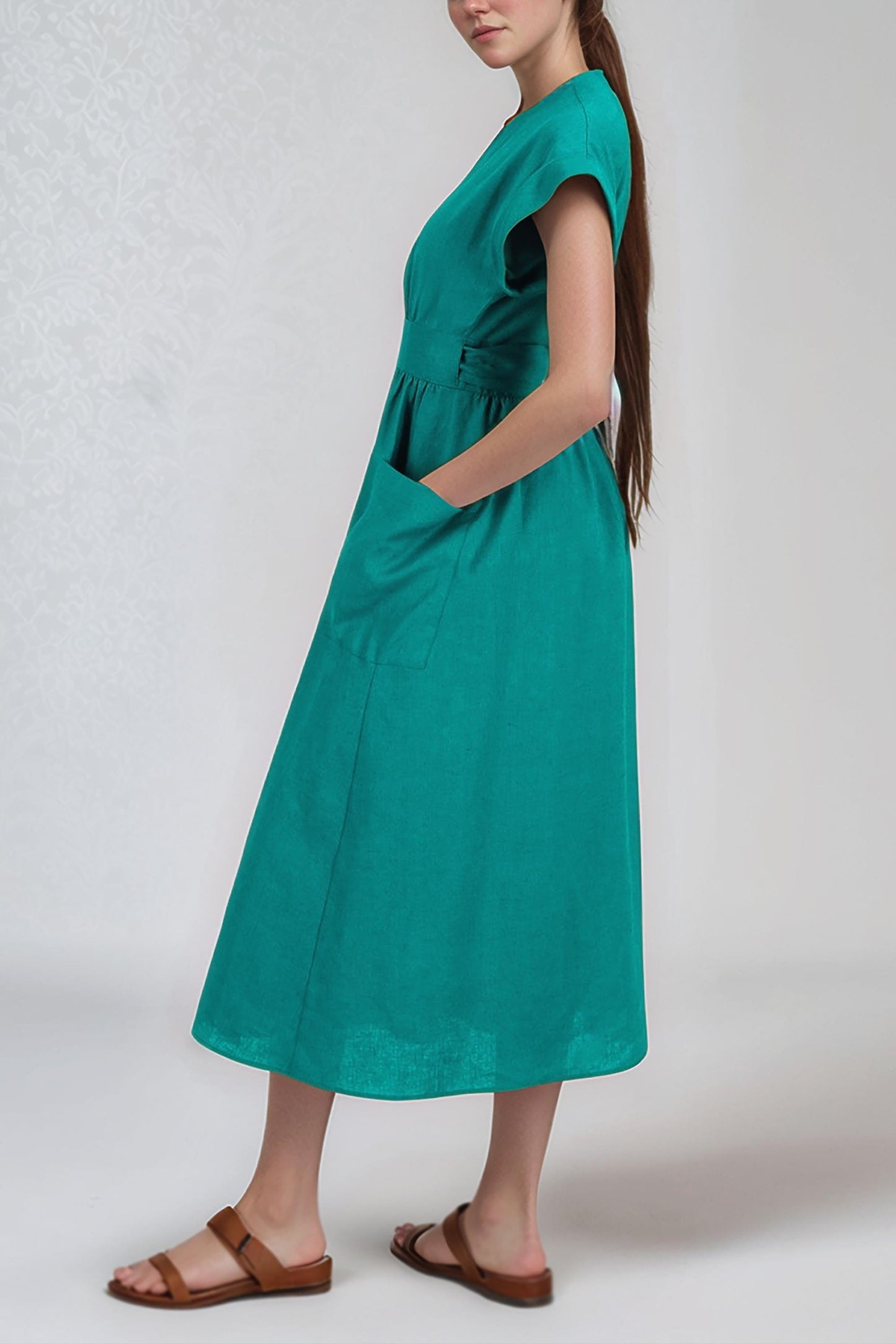 Emerald Green Linen Wrap Dress Kimono Style Summer Dress with Pockets, Adjustable Tie Waist, Handmade Casual Dress | SKU.25T15T3C