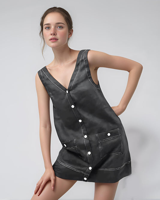 Black Linen Button Down Mini Dress - Sleeveless V-Neck Dress with Pockets, Casual Summer Dress | SKU.25T11T2B