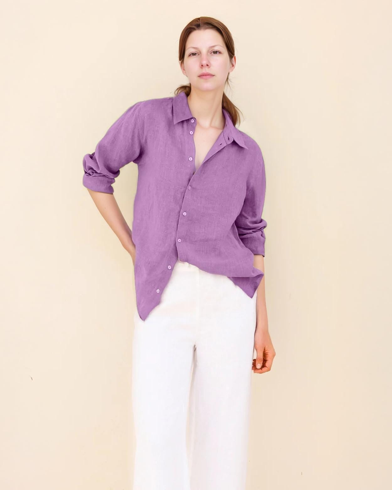 Relaxed Fit Linen Shirt - Long Sleeve Lightweight Button Down Blouse for Women, Soft Washed Linen Summer Top | SKU.25T22T3H