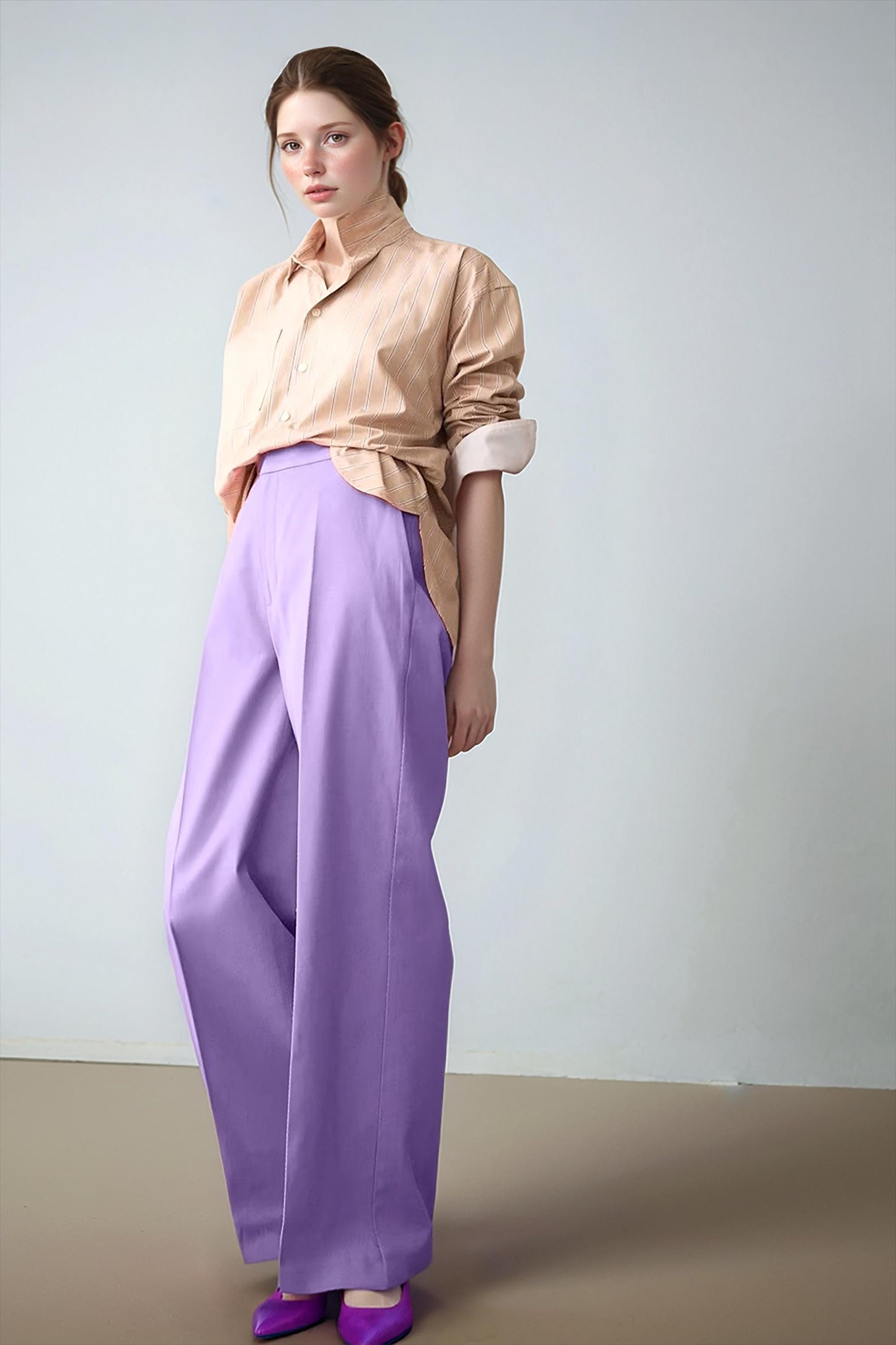 High-Waisted Purple Linen Wide Leg Pants, Relaxed Fit Summer Trousers, Elegant Workwear and Casual Style | SKU.25T11T8B