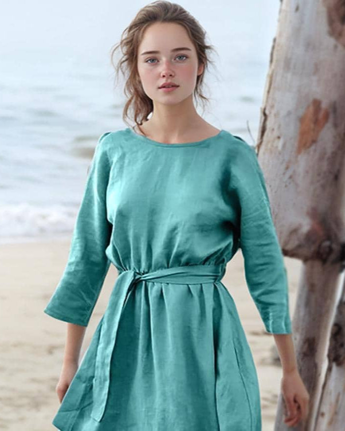 Custom Long Sleeve Midi Dress with Tie Waist â€“ Elegant Open Back Linen Blend Dress for Women, Modest Fit for Everyday | SKU.25T14T3C