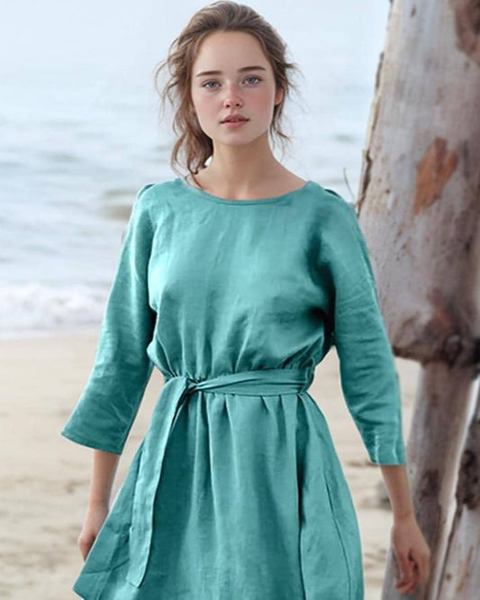 Custom Long Sleeve Midi Dress with Tie Waist â€“ Elegant Open Back Linen Blend Dress for Women, Modest Fit for Everyday | SKU.25T14T3C