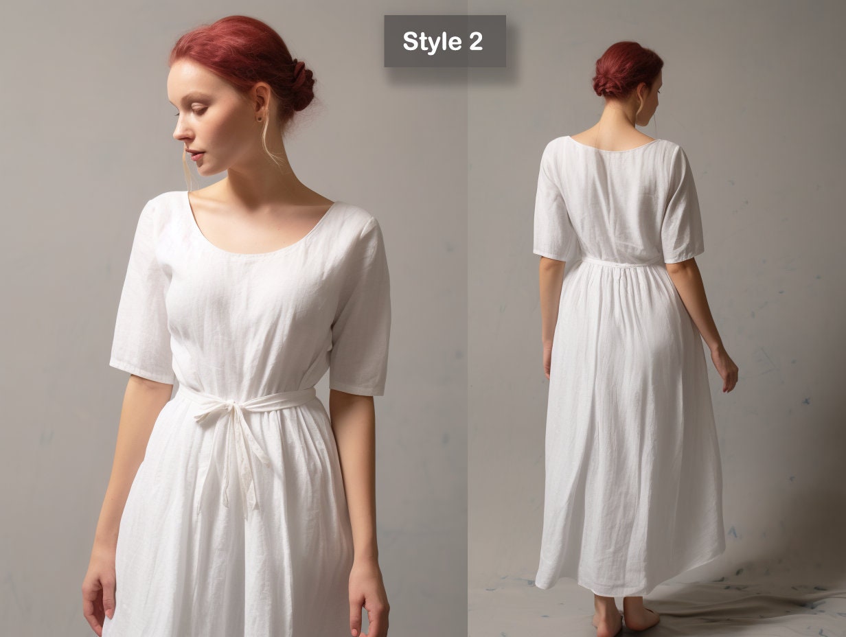 Handmade Modest White Linen Wedding Dress - Midi Summer Dress - Women's Linen Clothing | 230820A