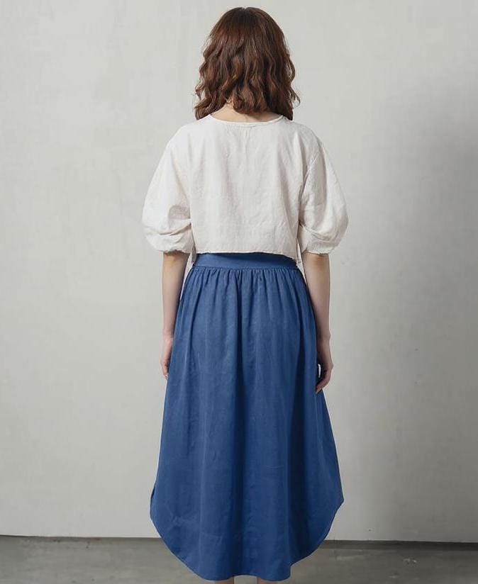 Blue Linen Midi Skirt - High Waist Elastic Waistband, Flowy A-Line Summer Skirt, Handmade Casual Skirt | SKU.25T15T5G