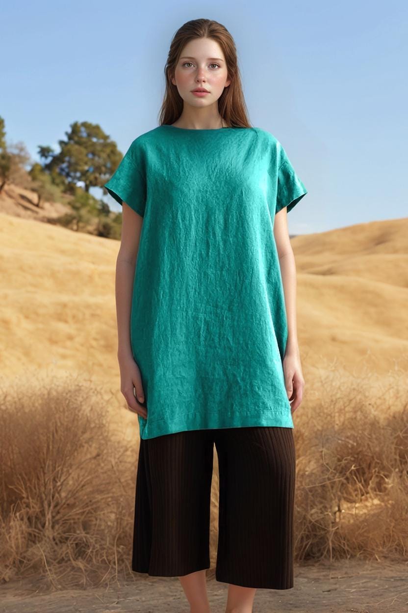 Custom Linen Tunic Dress for Women, Relaxed Fit Back Pleat Dress, Short Sleeve Summer Shift, Minimalist Beach Dress | SKU.25T14T4E