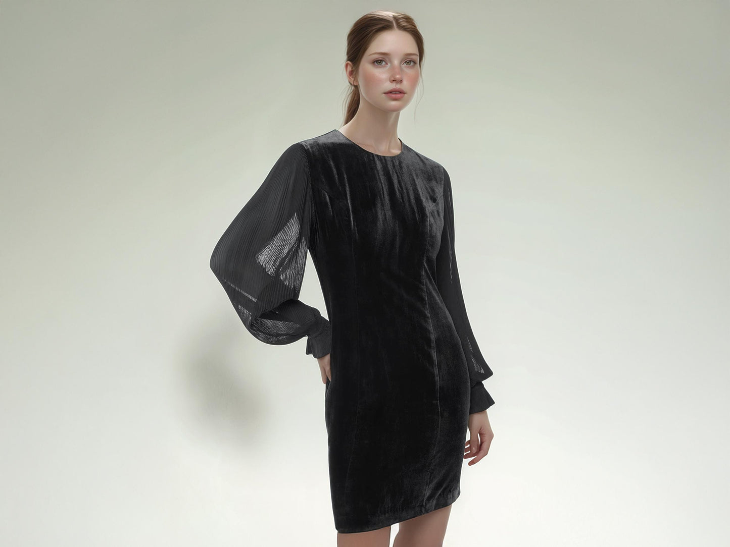 Black Velvet Mini Dress with Sheer Long Sleeves – Elegant Round Neck Party Dress for Women | SKU.25T17T6K